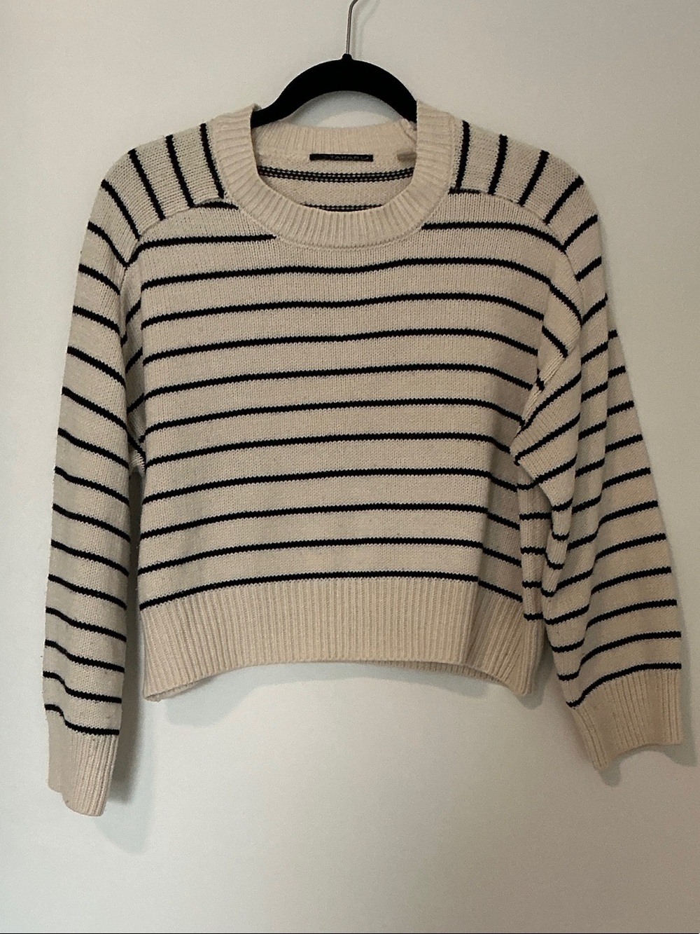 T Tahari Cream and Black Striped Crewneck Sweater